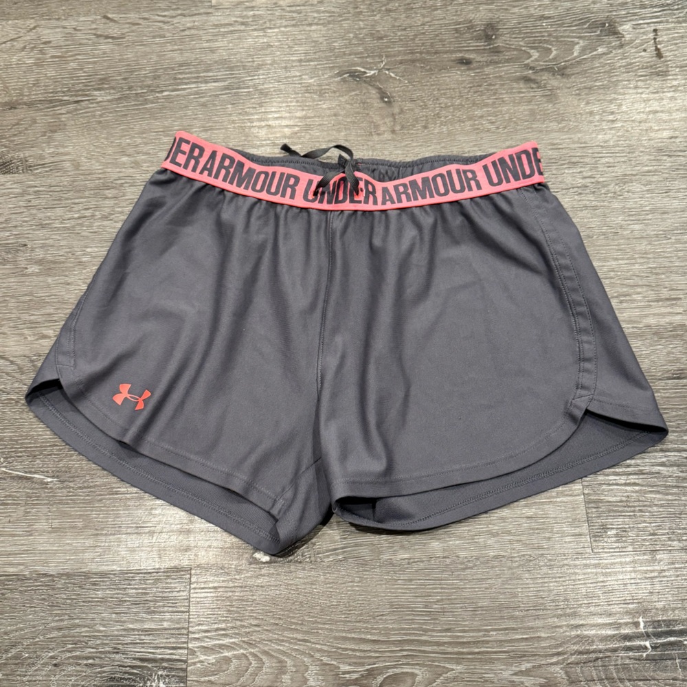 Under Armour HeatGear Women’s Small Athletic Shorts Gray Coral Logo Waistband